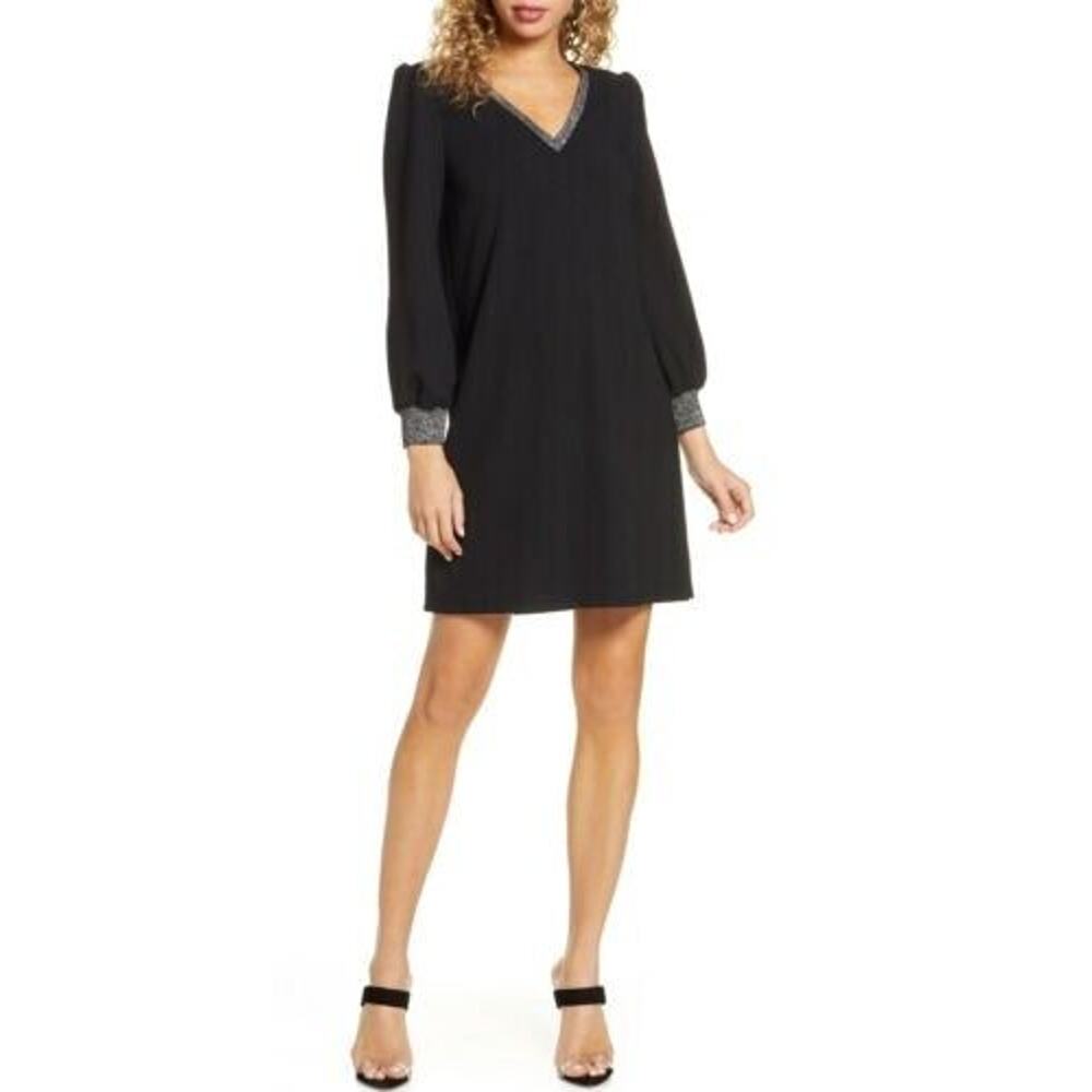 Sam Edelman Womens Metallic Trim Long Sleeve Shift Dress in Black Size 0 $138‎